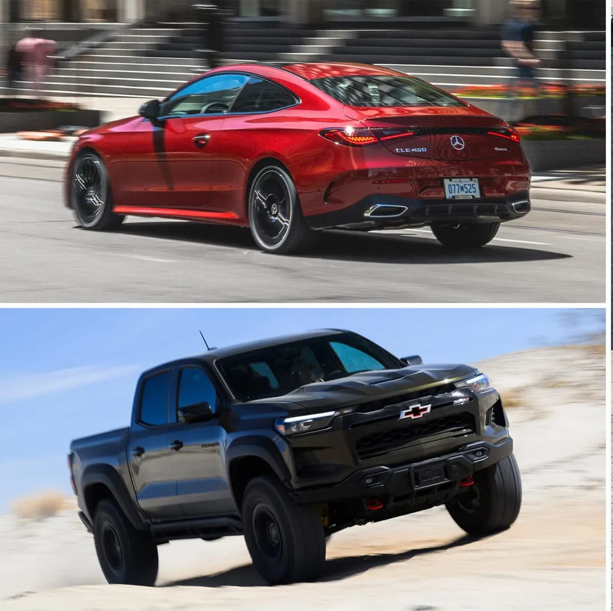 A red coupé and a black double-cab bakkie